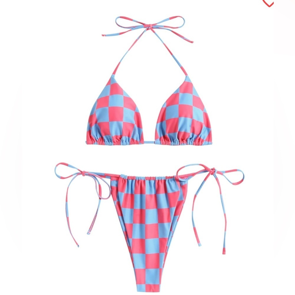 Zaful Kids Checkered Bikini Set - Pink and Blue